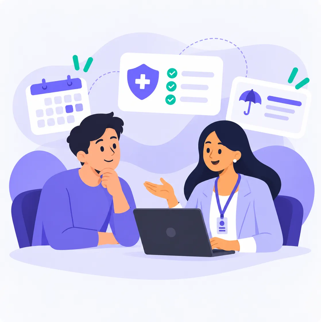 Illustration of two people discussing insurance options at a desk with a laptop. Health and insurance symbols float above them.