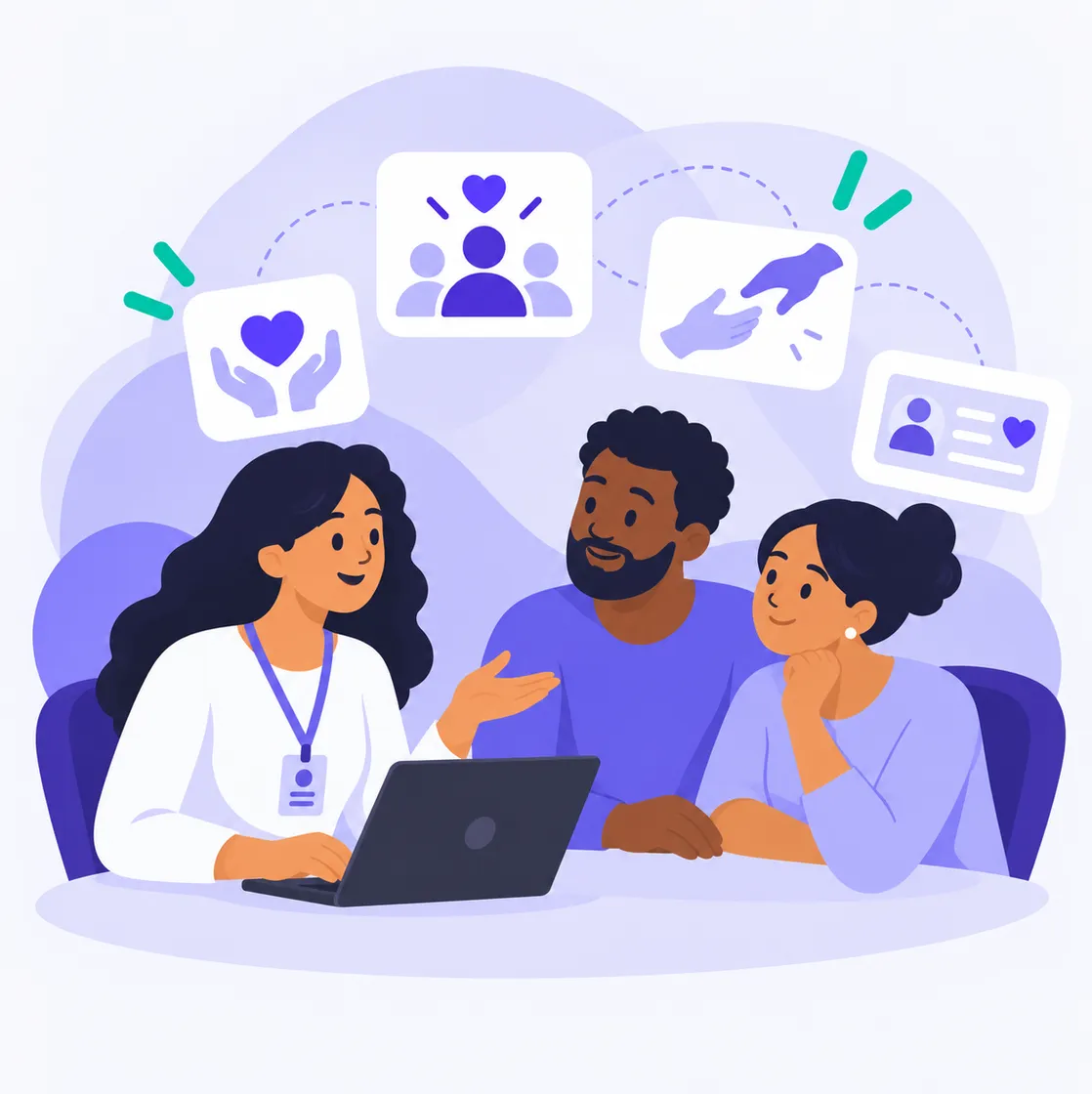 A counselor with a laptop is talking to a couple, with icons of community support and relationships in the background.