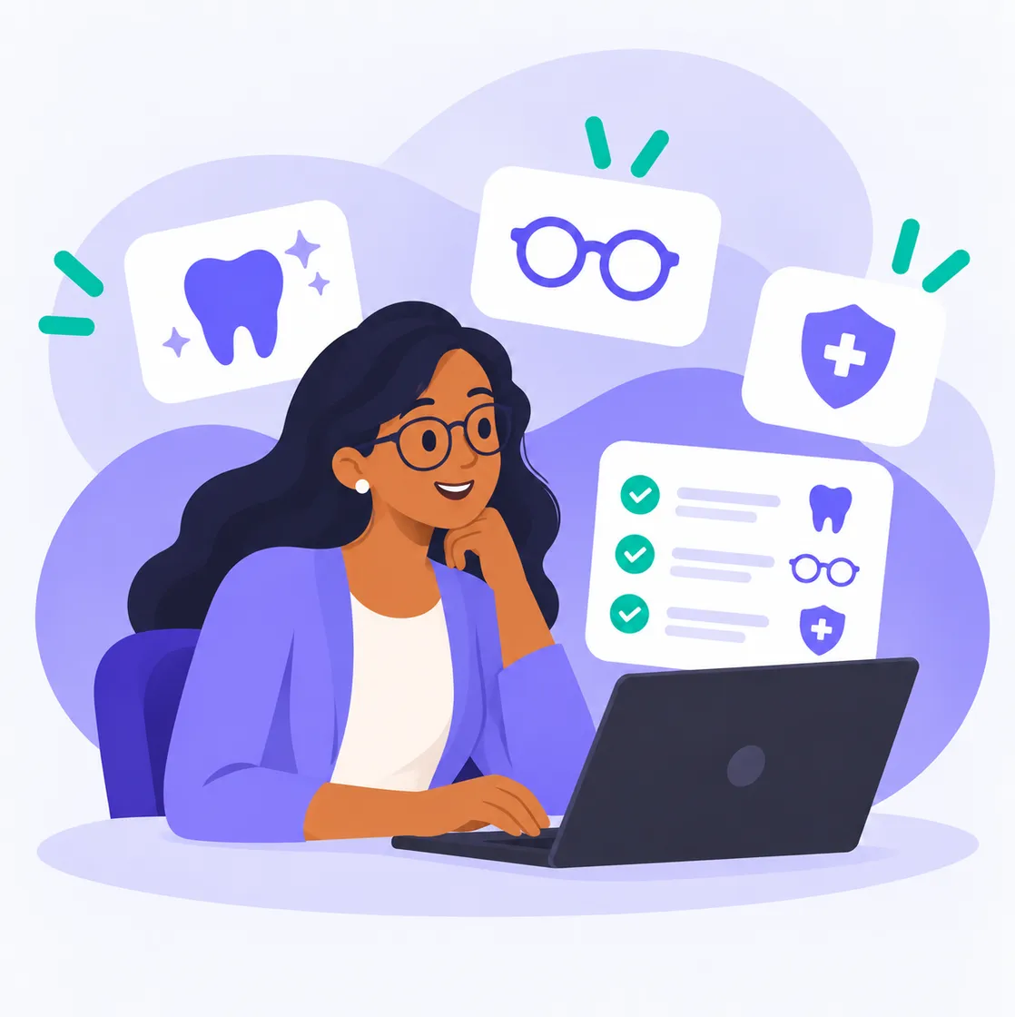 A person with glasses sits at a laptop, surrounded by icons of a tooth, glasses, and a medical shield, symbolizing various tasks or sectors.