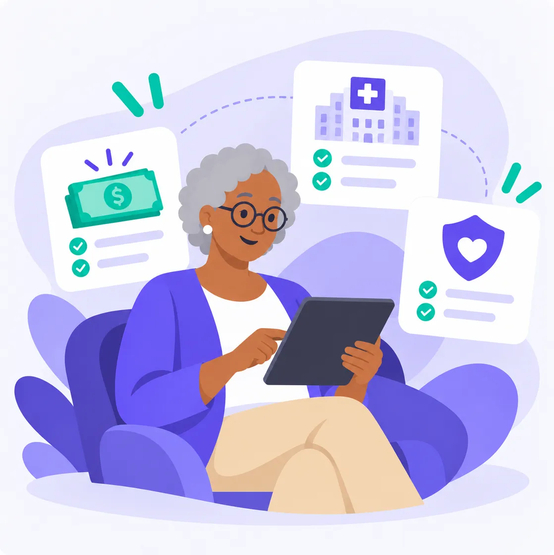 An older woman with gray hair and glasses uses a tablet, surrounded by icons representing money, a hospital, and health insurance.
