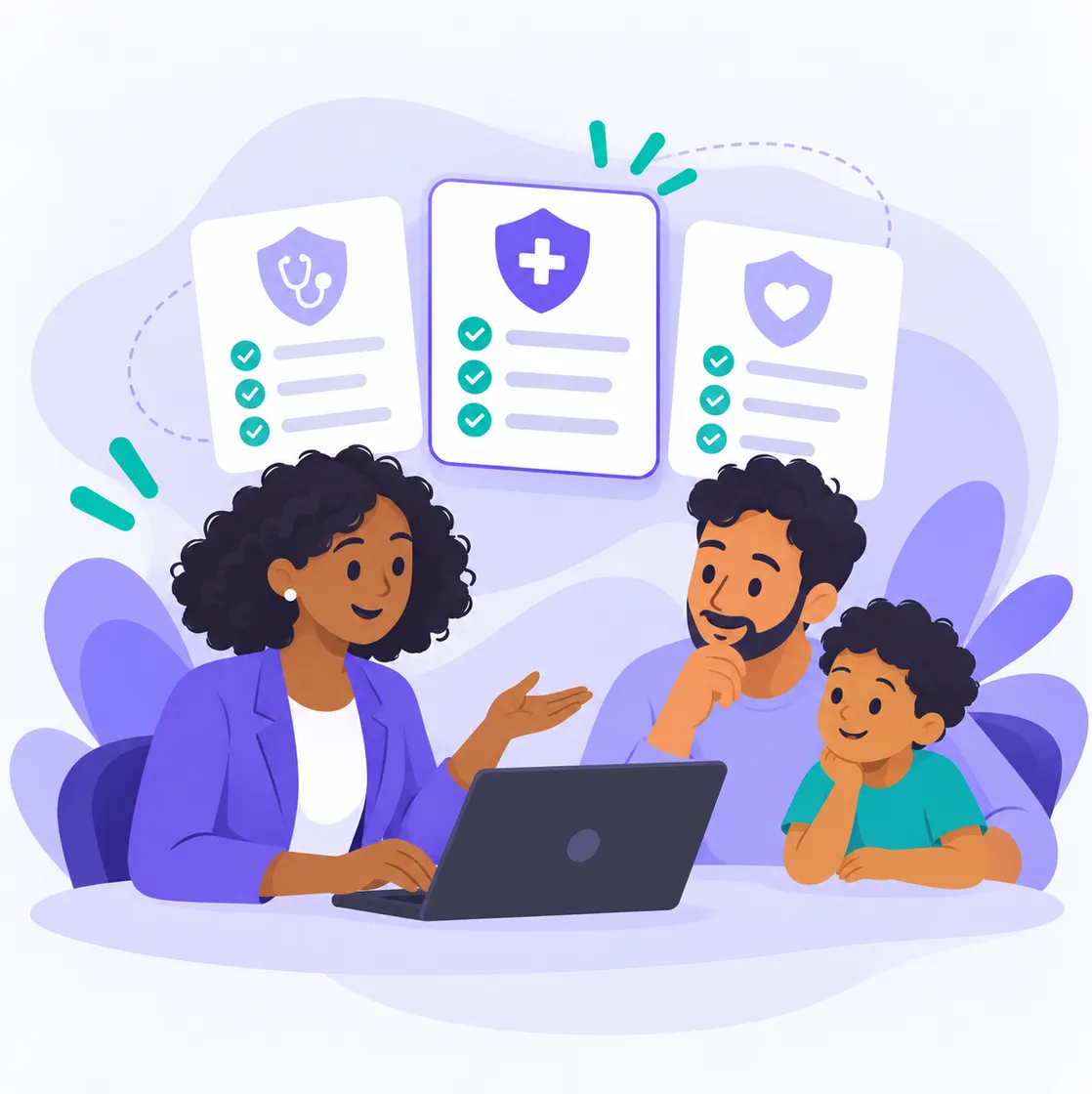 A woman explains health insurance plans to a man and a child at a table with a laptop, with checklists and medical symbols in the background.