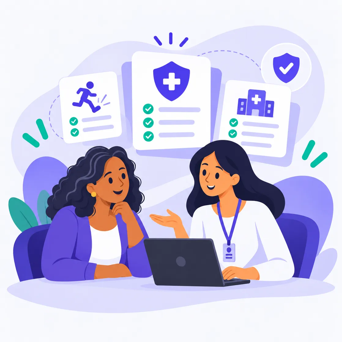 Two women discussing health insurance options at a table with a laptop, surrounded by illustrative checklists and medical symbols.