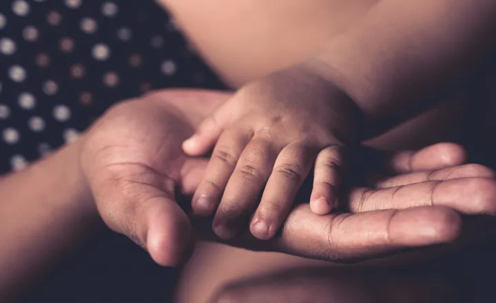 A child's small hand resting gently in an adult's open palm, symbolizing care and protection.
