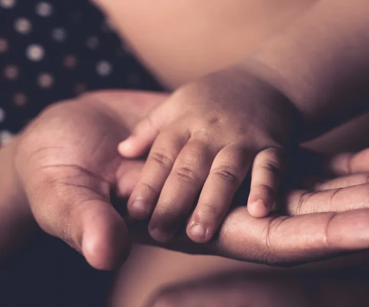 A child's small hand resting gently in an adult's open palm, symbolizing care and protection.